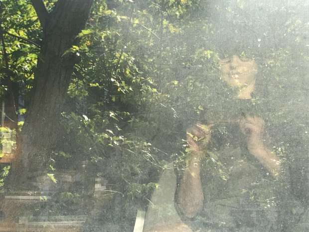 iPhone selfie in which my reflection is mingling with the image of the tree on the other side of the window.